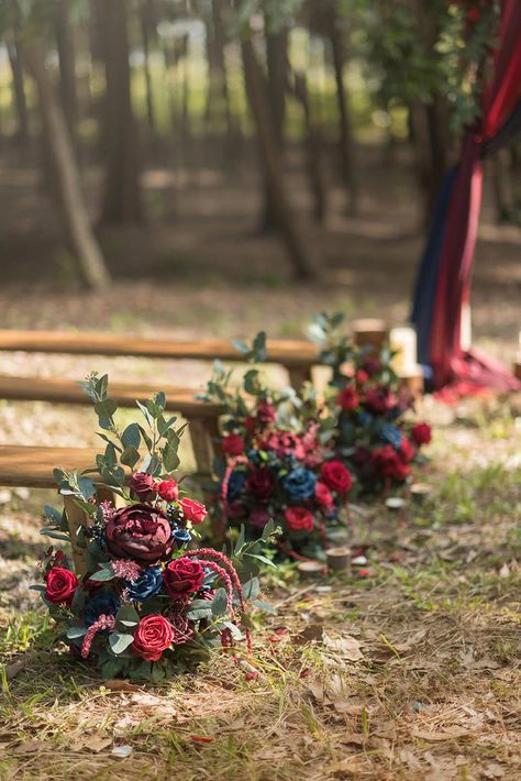 Free-Standing Flower Arrangements in Burgundy & Navy Wedding Entryway Decor, Burgundy Wedding Decorations, Navy Blue And Burgundy Wedding, Jewel Tone Wedding Decor, Wedding Entryway, Navy Blue Wedding Decorations, Jewel Tone Wedding Theme, Decor Entryway Table, Aisle Florals