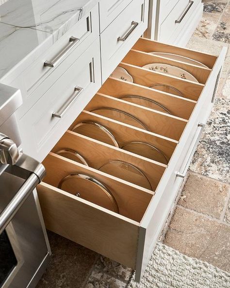 Custom kitchen drawer designed with a pot and pan lid divider for an organized and easily accessible feature. Custom Kitchen Drawers, Island Drawers, Shiplap Kitchen, Utensil Drawer, Small Kitchen Storage, White Kitchen Island, Lid Organizer, Brown Kitchens, White Quartz Countertop