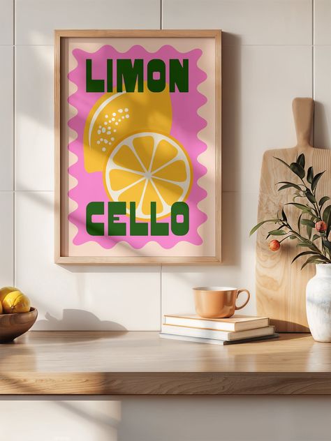 This on trend Limoncello Poster features bold colourful typography and captures the spirit of Italy's famous lemon liqueur, while the vibrant colours add an eye-catching element to any room. A must-have for any limoncello lover or lover of Italian culture. Italian Room Decor, Product Advertisement Poster, Retro Paintings, Lemon Artwork, Colourful Typography, Posters Typography, House Artwork, Typography Posters, Lemon Painting