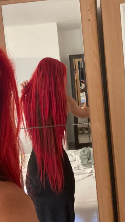 Dyed Long Hair Ideas, Bright Red Hair Outfit Ideas, All Red Hair Dyed, Red Hair Outfits Aesthetic, Long Red Hair Aesthetic, Bright Red Hair Aesthetic, Long Bright Red Hair, Long Dyed Hair, Red Hair Girl Aesthetic