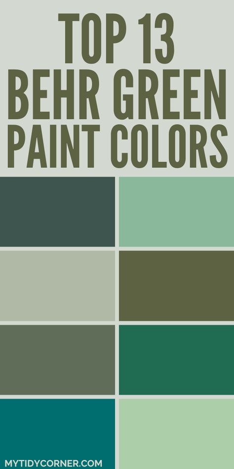 Collage of the top green paint colors by Behr. Beach Green Paint Colors, Country Green Paint Colors, Best Behr Greens, Rooms Painted Green, Zen Behr Paint, Mint Green Paint Color, Behr Green Paint, Green Kitchen Paint Colors, Top Green Paint Colors