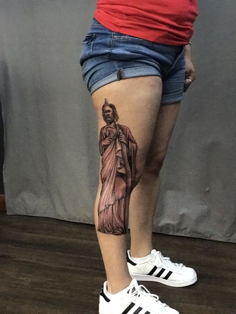 Mini San Judas Tattoo, San Judas Tadeo Tattoo Forearm, San Judas Leg Tattoo, San Judas And Virgen Tattoo Together, San Judas Tadeo Tattoo Leg, San Judas Arm Tattoo, San Judas Tadeo Tattoo, Mangas Tattoo, Hand Tattoos For Women