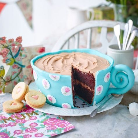 This cup of tea cake is adorable! With a rich, chocolate sponge and a chocolate buttercream icing it's not only indulgent but sure to impress all your guests. Tea Cakes, Chocolate Buttercream Icing, Teapot Cake, Chocolate Sponge, Tea Cake, Chocolate Buttercream, Novelty Cakes, A Cup Of Tea, Occasion Cakes