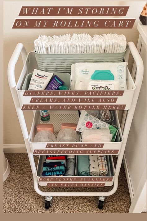 Tiered Cart Nursery, Newborn Utility Cart Organization, Cart Baby Storage, Hanging Pacifier Storage, Nursery 3 Tier Cart, Storage Cart Nursery, Nursing Utility Cart, Bed Side Cart For Baby, Bedside Nursery Organization