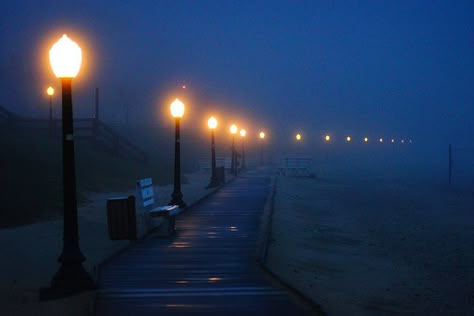 Foggy Boardwalk Blues - photo by Bill Pevlor of PopsDigital.com. #boardwalk #fog #algoma Morning Fog, Scenery Photography, Beach Boardwalk, Street Lights, Liminal Spaces, Night Scene, Blue Hour, Beach Aesthetic, Blue Aesthetic