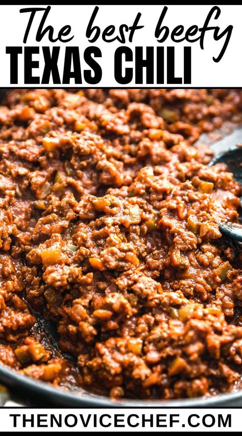 Chilli Recipe No Beans, Easy Texas Chili Recipe, Meaty Chili Recipe, No Meat Chili Recipe, Beanless Chili Recipe, Texas Chili Recipe, Homemade Chili Recipe, Ground Beef Chili, Beef Chili Recipe