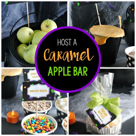 This is a super fun way to put a little fun into your Fall party. Put together a fun caramel apple bar for your guests. We've got ideas, printables and everything you need to get this set for your party! #caramelapplebar #halloween #partyidea Pto Events, Candy Apple Bars, Caramel Apple Bar, Pumpkin Painting Party, Apple Bar, Taffy Apple, Caramel Apple Bars, Friendsgiving Dinner Party, Gourmet Caramel Apples