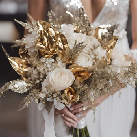 Gold And Silver Bouquet, Gold Wedding Bouquet Ideas, New Years Wedding Bouquet, Black White Gold Wedding Flowers, White Gold And Champagne Wedding, New Year’s Eve Wedding Bouquet, New Years Eve Wedding Bouquet, White And Gold Bouquet, Wedding Bouquets Gold