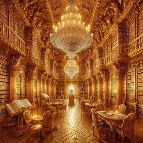 Golden library, golden books, golden chairs, gold #goldenbook #goldenlibrary #golden #goldenchair #goldenbooks Gold Book Aesthetic, Fantasy Wallpaper Aesthetic, Golden Library, Gold Library, Future Mansion, Golden Chair, Mansion Decor, Gold Castle, Fantasy Aesthetics