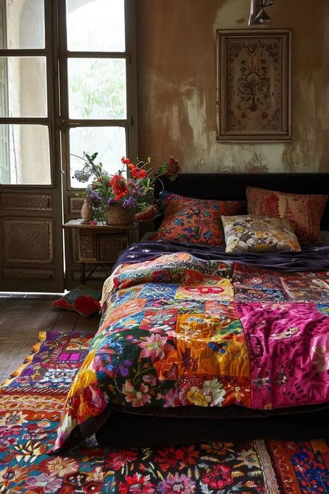 25 Bohemian Bedroom Ideas on a Budget - Roomy Retreat Eclectic Bed, Bohemian Bedroom Ideas, Bedroom Ideas On A Budget, Cozy Rug, Printed Pillows, Bedroom Upgrade, House Smell Good, Colorful Textiles, Cozy Rugs