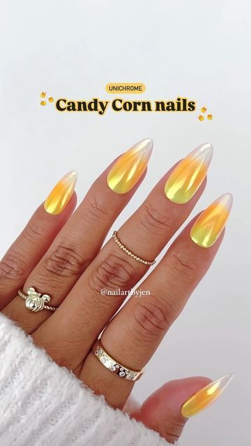 Jeanette Flores on Instagram: "Very classy, very demure Halloween nails ✨🎃✨
Candy Corn Unichrome glazed nails for all my classy girlies!! 💅🏽 💛🧡🤍

Save & Share for Halloween nail inspo, Follow for the tutorial 🫶🏼

Using @daily_charme (code: JEN10)
•Unichrome powder

#demure #halloween #glazednails #chromenails #unichrome #pressonnails #glazeddonutnails #demurenails #classynails #cleangirl #coquette #uñas #uñasdehalloween #nailinspo #nails #whitechromenails #nailart #halloweennails2024 #nailtrends #nailvideos #candycorn #candycornnails #cutenails" Candy Corn Acrylic Nails, Halloween Nails With Chrome, White Chrome Nail Designs, Candy Corn Ombre Nails, Halloween Nails Chrome, Candy Corn Nail Art, Candy Corn Nails Halloween, Candy Corn Nail Designs, Halloween Chrome Nails