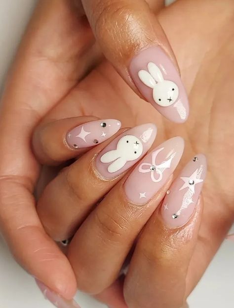 Sanrio Nails Almond Shape, White Rabbit Alice In Wonderland Nails, Miffy Nails Almond, Miffy Nail Design, Pikmin Nails, Baby Nails Design, Miffy Nail Art, Baby Pink Nails Design, Pompompurin Nails