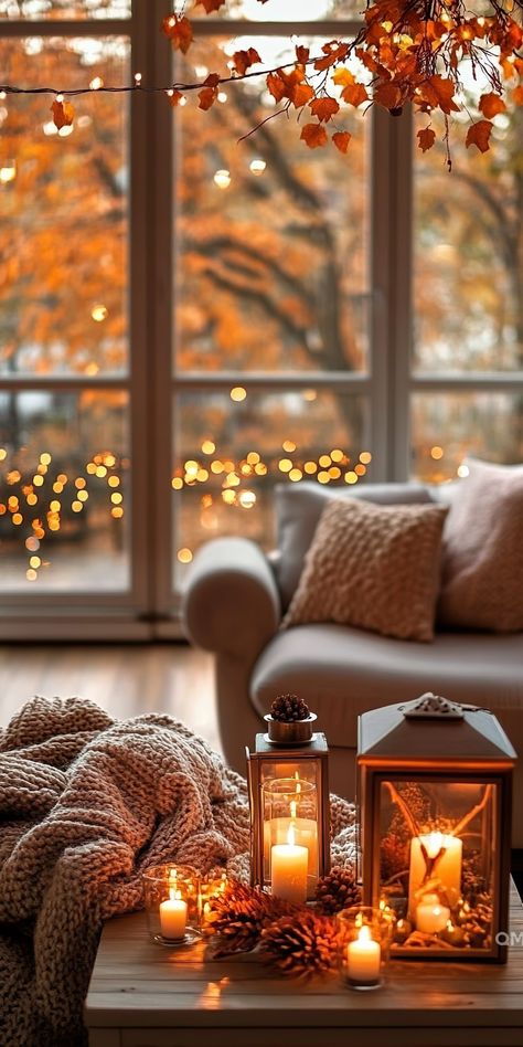 Fall Decor for Living Room: Warm Accents - Quiet Minimal Candle In Living Room, Cosy Autumn Decor, Tasteful Fall Decor, Cozy Space Ideas, Cozy Home Wallpaper, Fall Day Aesthetic, Fall Decor For Living Room, Cozy Wallpaper, Hygge Autumn