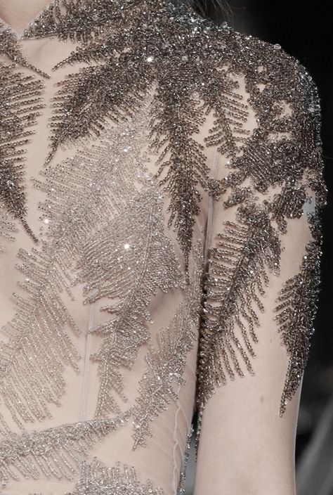Detail Couture, Beaded Fashion, Tambour Beading, Zsazsa Bellagio, Embellished Fashion, Leaf Patterns, Textil Design, Silver Leaves, Beaded Leaf