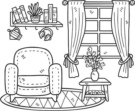 House Interior Drawing, Art Room Drawing, Room Doodle, Draw A Room, Odyssey Art, Living Room Illustration, Living Room Drawing, Sofa Drawing, House Doodle