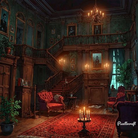 Haunted Mansion Living Room, Haunted Victorian House Interior, Victorian Concept Art, Gothic Mansion Interior, Haunted Mansion Aesthetic, Villain House, Haunted House Interior, Haunted Victorian Mansion, Victoria Housekeeping