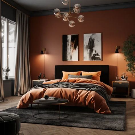 20 Black And Rust Bedroom Ideas - HearthandPetals Rust Bedroom Ideas, Rust Bedroom, Burnt Orange Bedroom, Guest Bedroom Office, Copper Bedroom, Bedroom Inspiration Cozy, Simple Bed Designs, Orange Rooms, Bed Interior