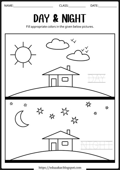 Day and Night - Draw and Trace Worksheet Night And Day Worksheet, Day And Night For Kindergarten, Day Vs Night Preschool Activities, Teaching Day And Night, Day And Night Activities Preschool Worksheets, Day And Night Kindergarten Activities, Day Night Craft, Day And Night Anchor Chart, Night And Day Activities Preschool