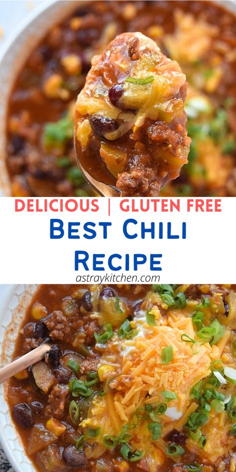 Flavorful and hearty, this gluten free chili recipe is a crowd pleaser! Comforting and hearty, this easy chili recipe will be on repeat in your kitchen all season long. Because sometimes you just want a thick, spicy spoonful of tomato based goodness :heart_eyes: Gf Chili Recipe, Gluten Free Chilli Recipe, Best Ever Chili, Gluten Free Chili Recipe, Gluten Free Chilli, Chile Recipes, Best Chili Recipe, Chili Recipe Crockpot, Gluten Free Chili