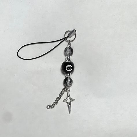 8 ball
goth
grunge 
phone charm
handmade 
beaded
aesthetic Eight Ball Keychain, Emo Keychains, Goth Keychains, Grunge Keychain, Monica Outfits, 8 Ball Keychain, Goth Keychain, Keychains Aesthetic, Y2k Charms