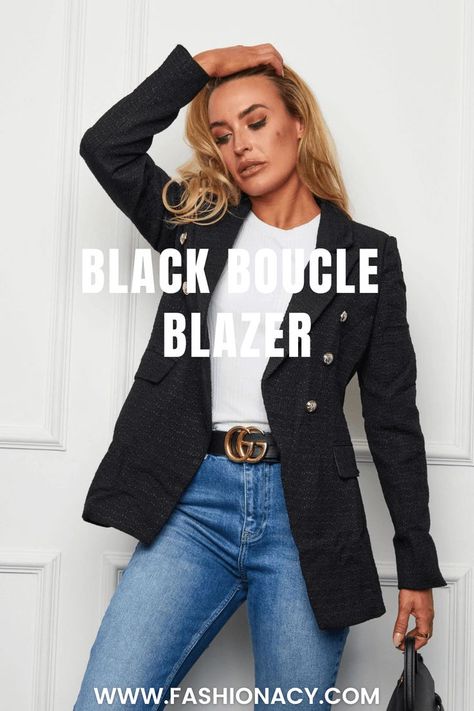 Black Boucle Blazer Outfit Boucle Blazer Outfit, Black Tweed Blazer Outfit, Blazer Outfit Women, Tweed Blazer Outfit, Sophisticated Casual, Blazer Outfits For Women, Blazer Outfit, Black Tweed, Rich Fabric