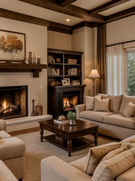 American House Living Room, Traditional Interior Living Room, Vintage Theme Living Room, Traditional House Living Room, Dark Wood Built Ins Living Room, Traditional Living Room Layout, Traditional Living Room Inspiration, Classic Room Ideas, Living Room Designs Traditional Style