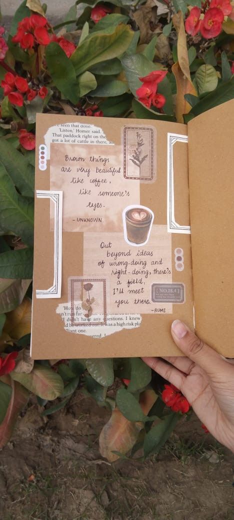 Coffee Theme Scrapbook, Vintage Theme Journal Ideas, Brown Theme Journal Ideas, Coffee Theme Journal, Collage Notebook, Quotes Rumi, Slam Book, Scrapbook Paper Crafts Diy, Oil Pastel Colours