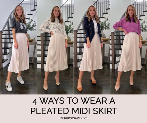 Pleated Skirts Outfits (4 Skirts) - Merrick's Art Pleated Skirt Spring Outfit, Pleated Long Skirt Outfit, Chiffon Skirt Outfit, Pleaded Skirt Outfits, How To Style Pleated Skirt, White Pleated Skirt Outfit, Pleated Skirt Outfit Summer, Pleated Skirt Outfit Ideas, Beige Skirt Outfit