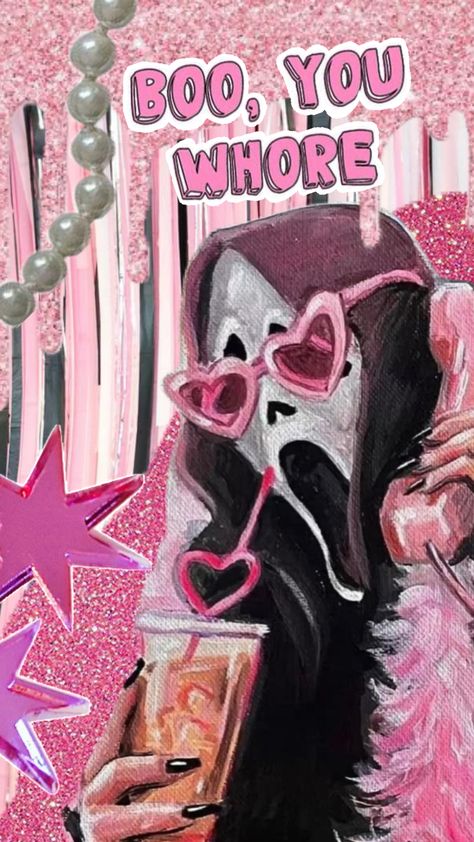 #scream #ghostface #glam #ghost #halloween #pink #sparkle #art Pastel, Screaming Drawing, Sparkle Art, Scream Ghostface, Scream Halloween, Dark Black Wallpaper, Halloween Pink, Funny Ghost, Pink Posters