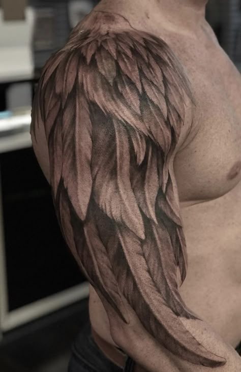 Angel Wing Shoulder Tattoo, Wing Tattoo On Shoulder, Simple Leg Tattoos, Wing Tattoo Men, Tattoos Men, Wing Tattoo, Shoulder Tattoos, Feather Tattoo, Sleeves Ideas