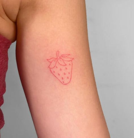 Pink Strawberry Tattoo, Strawberry Shortcake Tattoos, Fine Line Strawberry Tattoo, Tiny Strawberry Tattoo, Red Strawberry Tattoo, Tatos Ideas, Strawberry Tattoo Minimalist, Tattoo Strawberry, Strawberry Shortcake Tattoo