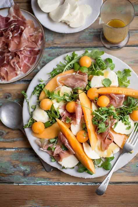 Melon, mozzarella & parma ham salad recipe with a honey & mustard vinaigrette | Drizzle and Dip Ham Salad Recipe, Ham Salad Recipes, Melon Salad, Mustard Vinaigrette, Honey Mustard Vinaigrette, Mozzarella Salad, Parma Ham, Ham Salad, Roasted Butternut