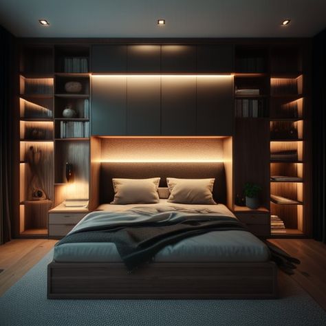 Bedroom Bed In The Middle, Double Bed With Shelves, Bedroom Ideas Built In Wardrobe, Bedroom Wardrobe Behind Bed, Modern Bedroom Design Wardrobe, Bedroom Wardrobe Around Bed, Built In Bedroom Furniture Ideas, Modern Bedroom Built Ins, Bed In Wall Built Ins