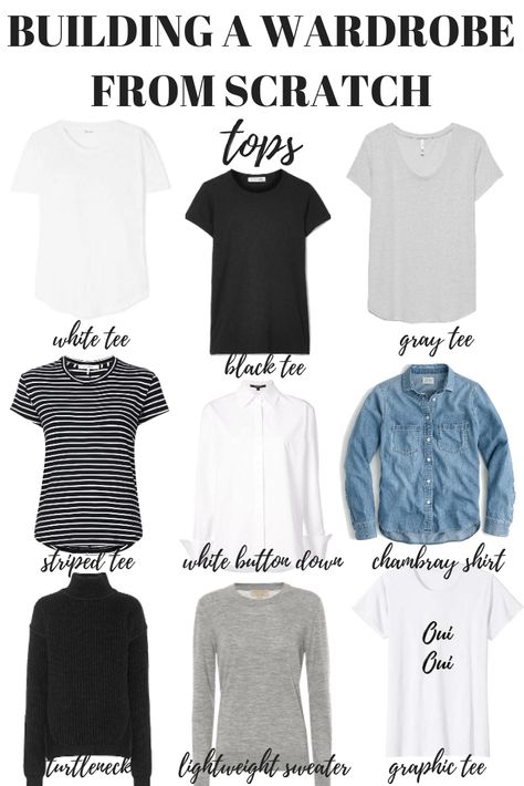 Here's how to build a wardrobe from scratch starting with your tops. Your capsule minimalist wardrobe is just one step away! Wardrobe From Scratch, Building A Wardrobe, Minimalist Wardrobe Essentials, Classic Capsule Wardrobe, Fashion Capsule Wardrobe, Build A Wardrobe, Minimalist Capsule Wardrobe, Capsule Outfits, Fashion Capsule