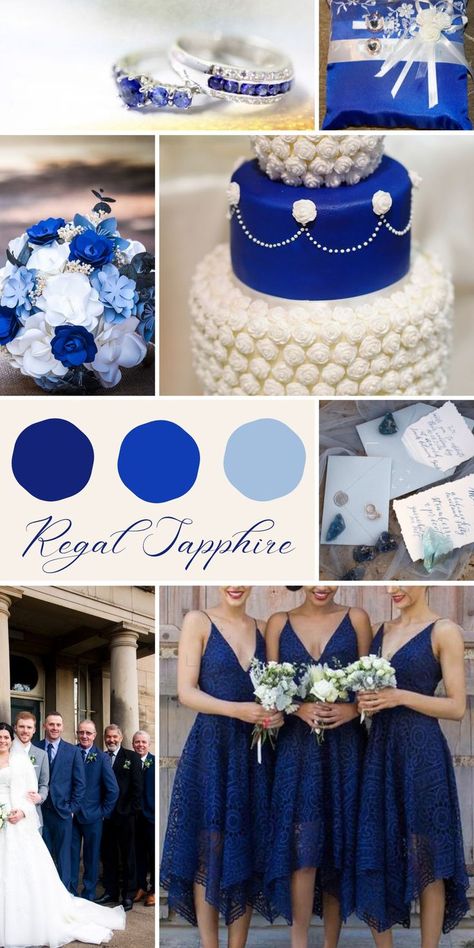 This captivating palette showcases the regal beauty of royal blue, setting the stage for an enchanting celebration. Imagine a ceremony adorned with regal blue accents, from the bridesmaids' dresses to the table settings, creating a sense of majesty and elegance. The Regal Sapphire palette exudes a timeless charm, effortlessly combining classic appeal with a modern twist. Wedding Color Palette 2023, Sapphire Wedding Theme, Color Palette 2023, Sapphire Blue Wedding, Summer Wedding Color Palette, Royal Blue Wedding Theme, Sapphire Blue Weddings, Wedding Color Palette Summer, Blue And White Wedding