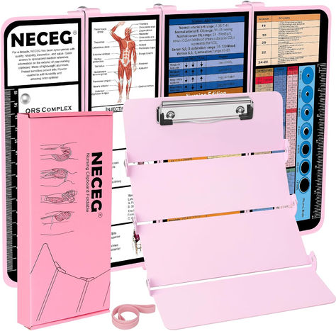 NECEG Nursing Clipboard Foldable-4 Layers Aluminum Folding Nurse Clip Boards Pocket Size with Nursing Medical Edition Cheat Sheets for Nurses Students and Doctors(Pink) Nursing Clipboard, Nurse Clipboard, Nursing Fundamentals, Nurse Gear, Clip Boards, Nursing School Essential, Fundamentals Of Nursing, Health Information, Vital Signs