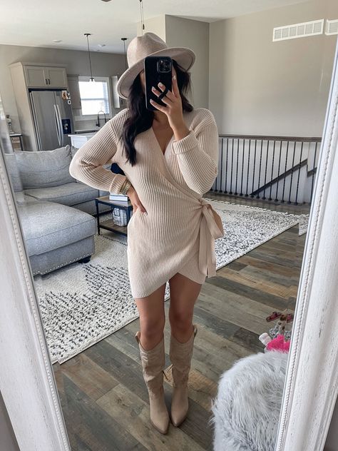 Wrap Sweater Dress Outfit, Neutral Outfits For Family Pictures, Cowgirl Boots And Dress Outfit, Sweater Dress Outfit Ideas, Fall Weather Outfits, Office Outfits Women Casual, Dresses With Cowboy Boots, Thanksgiving Outfit Ideas, Wrap Sweater Dress