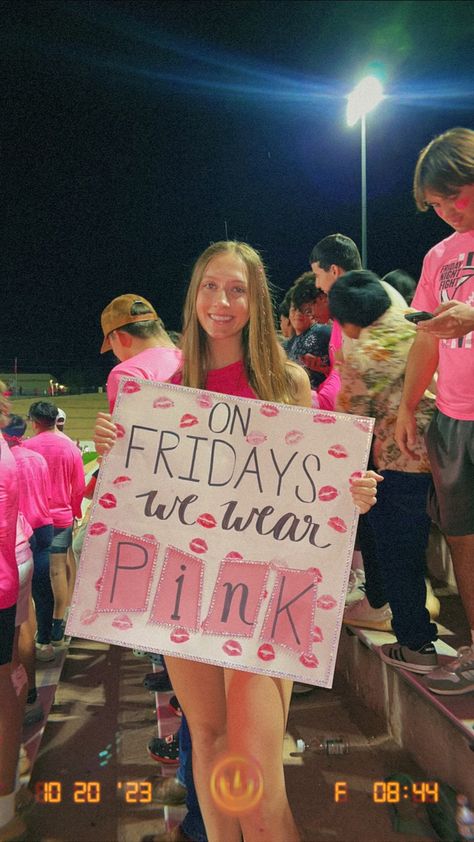 Football pink out student section themed sign Pink Out Football Game Makeup, Pink Out Outfits Football Game, Dig Pink Poster Ideas, Pink Out Signs Football, Pinkout Ideas Football Pink Out, Purple Out Football Game, Pink Out Theme Football Game, Pink Out Game Posters, Pink Out Student Section