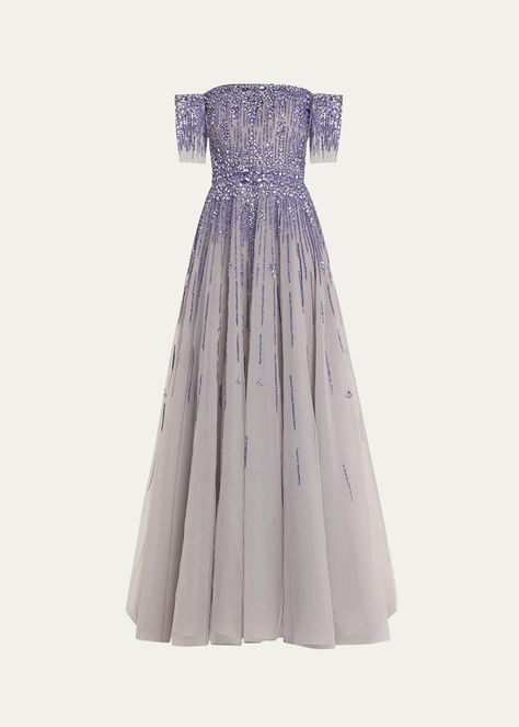 Get free shipping on Pamella Roland Off-Shoulder Crystal Degrade Tulle Gown at Bergdorf Goodman. Shop the latest luxury fashions from top designers. Purple Evening Gowns, Summer Gowns, Pamella Roland, A Line Evening Dress, Bts Inspired Outfits, Tulle Gown, Modern Dress, Fancy Outfits, Crystal Embellishment