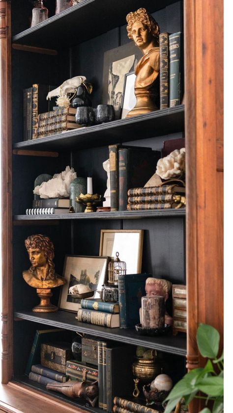 Dark Academia Shelves Decor, Dark Academia Shelf Styling, Bookshelf Altar Ideas, Dark Old World Decor, Hogwarts Aesthetic Decor, Moody Shelves, Dark Academia Shelves, Dark Academia Shelf Decor, Things To Put On Shelves