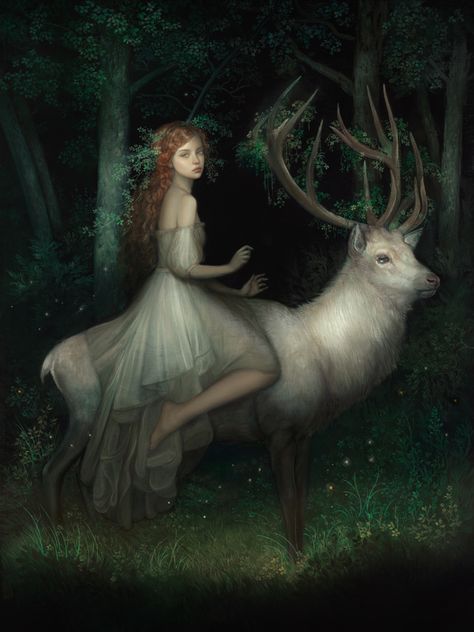 Final Painting: The White Stag | Annie Stegg Gerard on Patreon Annie Stegg, Happy Winter Solstice, White Deer, Pre Raphaelite, White Stag, Fairytale Art, Arte Animal, Fairy Art, Sci Fi Art