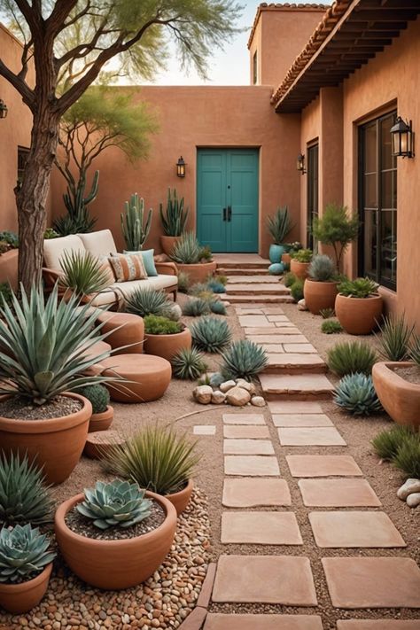 20 Desert Landscaping Ideas For Your Front Yard – ToolzView Desert Home Backyard, Stones In Garden Ideas, Small Backyard Desert Landscaping, Spanish Style Landscaping Front Yard, Landscape Texas Front Yard, Desert Outdoor Living, Southwest Courtyard Ideas, Backyard Desert Landscaping Designs, Austin Texas Backyard Ideas