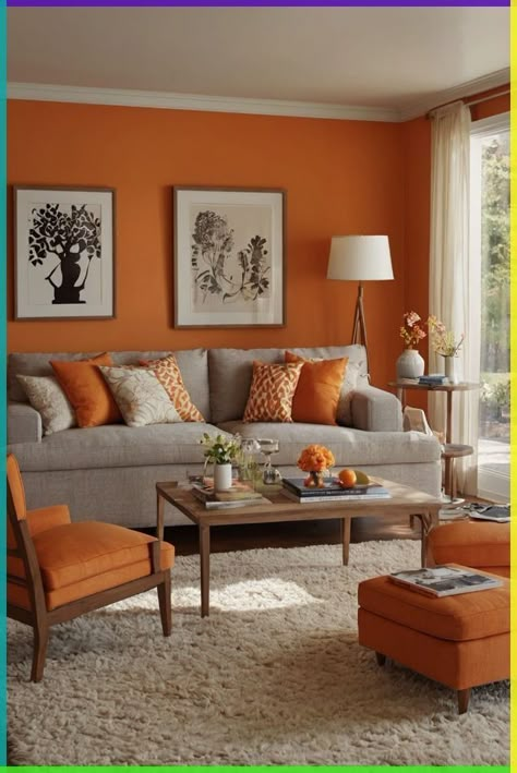 Bright Paint Living Room, Orange Walls Decor, Rust Wall Color Living Room, Different Color Sofas In Living Room, Orange Accent Wall Living Room, Best Colour For Living Room Wall Colors, Orange Wall Living Room, Orange Walls Living Room, Orange Wall Color