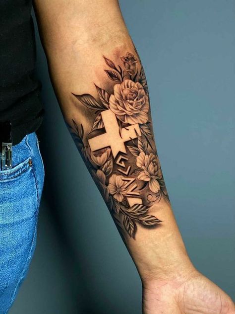 Woman Half Sleeve Tattoo Ideas, Cross Flower Tattoo Design, Forearm Memorial Tattoos Women, Faith Tattoo Sleeve Women, Tattoos That Resemble Family, Half Sleeve Remembrance Tattoos, Bible Tattoo Sleeve For Women, Arm Quote Tattoos For Women Half Sleeves, Cross In Flowers Tattoo