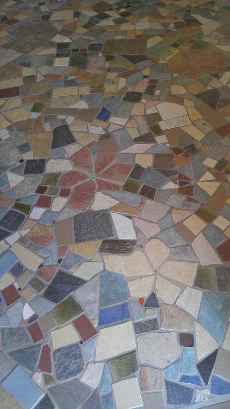 Friedensreich Hundertwasser, Mozaik Floor, Broken Tiles Floor Design, Patchwork Tiles Floor, Broken Tile Mosaic, Stone Mosaic Floor, Bathroom Mosaic, Victorian Floor, Outdoor Bathroom