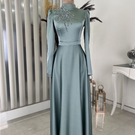 Wedding Guest Satin Round Neck Breast: 90 Cm Waist: 74 Cm Length: 140 Cm Long Sleeve Maxi Evening Dress, Long Dress Modest, Evening Long Dress, Modest Woman, Dress Islamic, Empire Maxi Dress, Short Maxi Dress, Dubai Abaya, Cute Dresses For Party