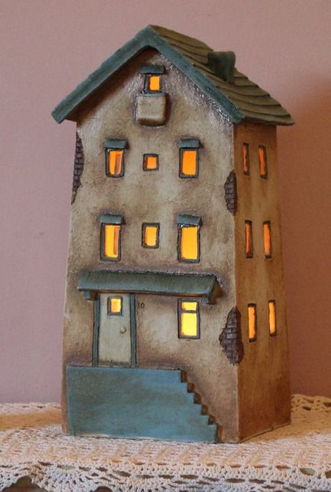 Clay House #10 | Harry Tanner Design ceramic night light lamp or garden sculpture: Clay House, Ceramic Night Light, Pottery Houses, Tanah Liat, Clay Houses, Hand Built Pottery, Night Light Lamp, Pottery Sculpture, Ceramic Houses