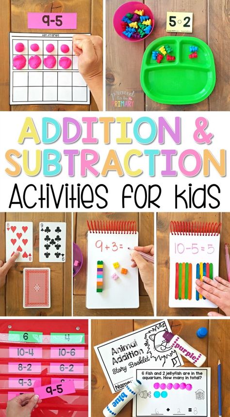 The ultimate spot for addition and subtraction to 20 activities for kids in Kindergarten and first grade. Tons of ideas and resources to teach children strategies for building math fact fluency, ways to solve word problems, and activities and games kids will love! A FREE printable addition equation sort activity is included!  via @proud2beprimary Word Problems, Addition And Subtraction Activities, Addition And Subtraction To 20, Subtraction To 20, Subtraction Activities, Math Fact Fluency, Games Kids, Fact Fluency, Addition And Subtraction