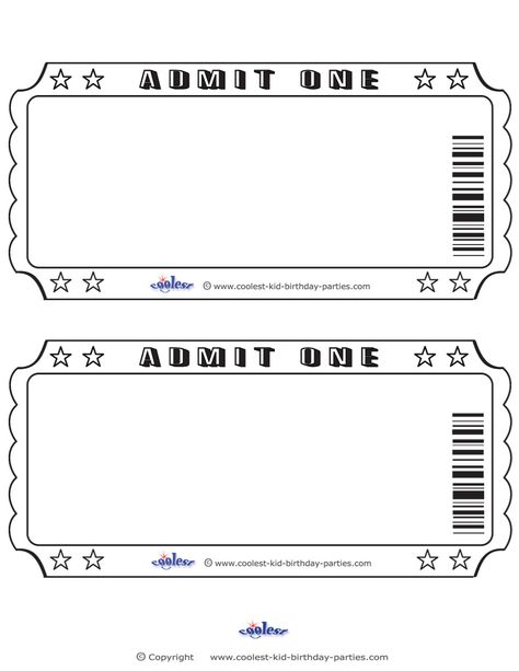 You can print this invitation design on colored paper or print on white paper and let your kids color in with markers, colored pencils, crayons etc. Y... Ticket Admit One, Food Tickets Template Free Printable, Template Tiket, Ipoh Food, Blank Ticket Template, Movie Ticket Template, Ticket Cinema, Movie Ticket Invitations, Ticket Template Printable