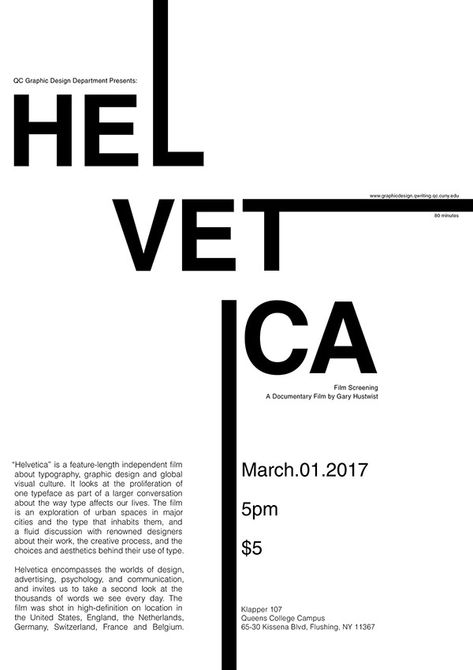 Poster Design: Helvetica Documentary Screening on Behance Text Posters Design, White Space Design Graphic, Typographic Poster Design Minimal, Mixed Typography Design, Helvetica Typography Poster, Helvetica Poster Design, Simple Poster Design Minimalism, Poster Hierarchy, Font Poster Design Typography